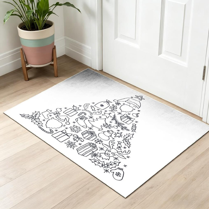 Tapis intérieur noir lavable à la machine, motif triangles dessinés à la main, sur le thème de Noël., Rectangle 32 po x 47 po
