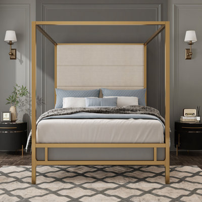 Lit à baldaquin moderne avec tête de lit tapissier en tissu de lin haut de 76,5 po