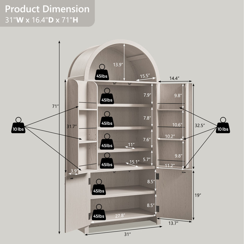 Meuble de rangement de salle de bain moderne arqué de 180 cm de hauteur, meuble de rangement cannelé avec 3 tablettes réglables et 6 tablettes de porte.