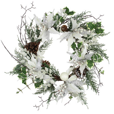 Iced White Poinsettia Artificial Christmas Wreath - 22 inch Unlit