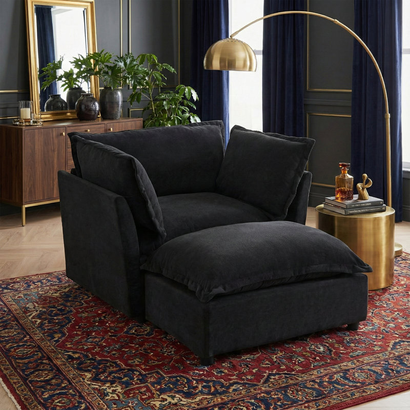Ensemble de fauteuil d'appoint et de repose-pieds de 47 po de large - Fauteuil en chenille de luxe et demi pour coin lecture - Fauteuil robuste de 350 lb
