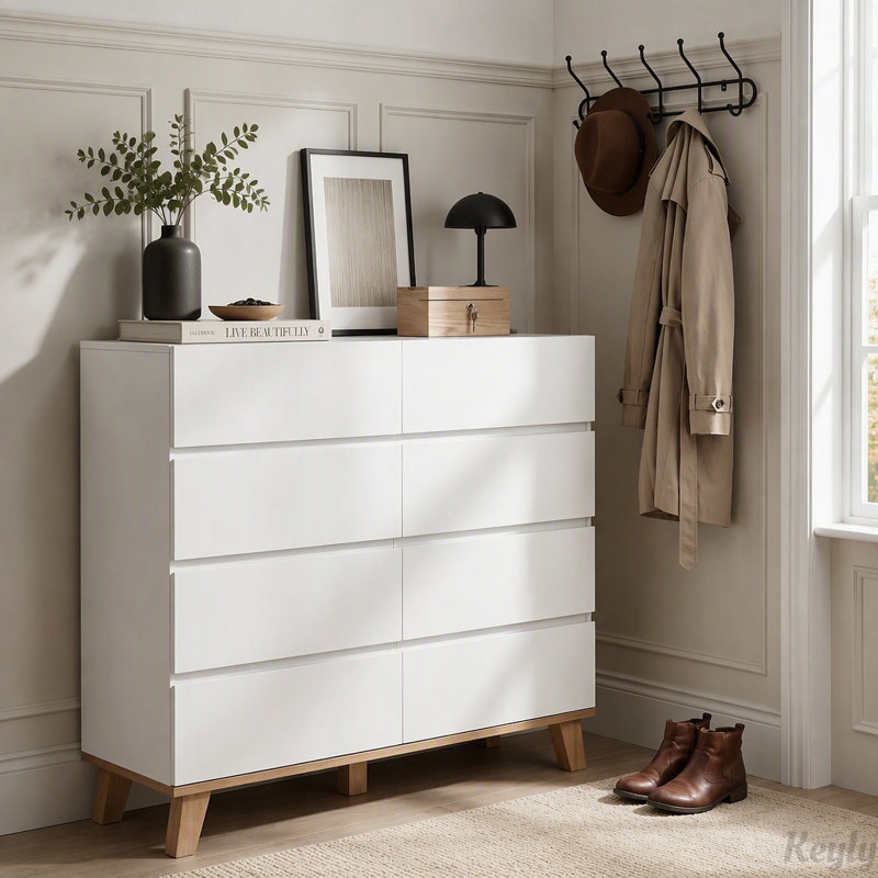 Commode haute blanche à 8 tiroirs avec pattes en bois naturel