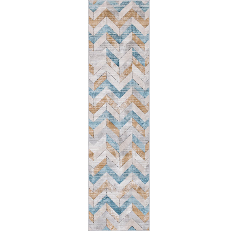  Tapis à chevrons beige / bleu, Tapis de couloir 2 pi 7 po x 10 pi