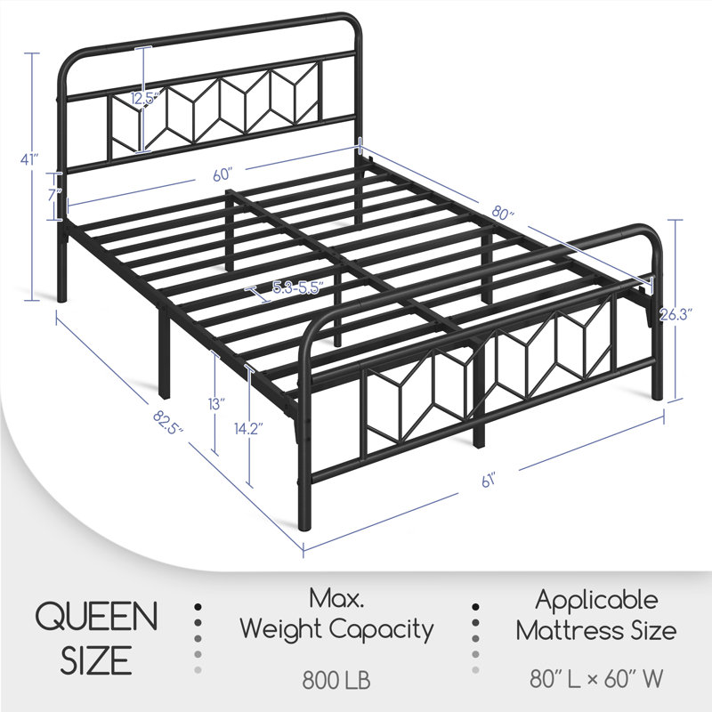Aylena Vintage Metal Bed Frame with Diamond Pattern Headboard, Black, Queen