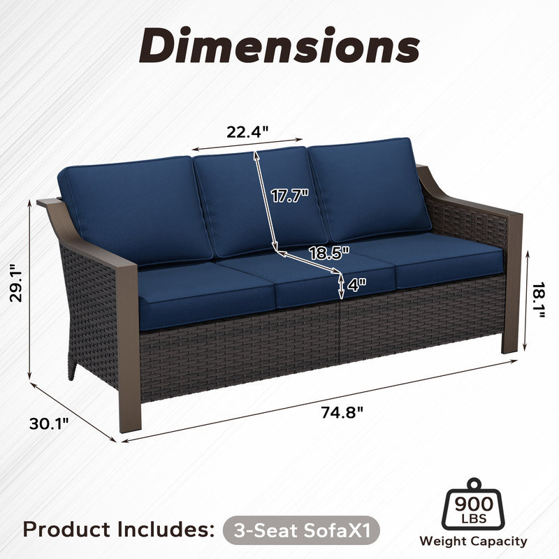Rattan 75“Armrest Couch Sofa, Blue Polypropylene / Olefin