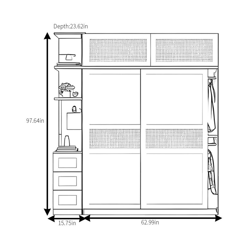 Armoire rétro en rotin tissé classique, H 97,64 po x l 78,74 po x P 23,62 po