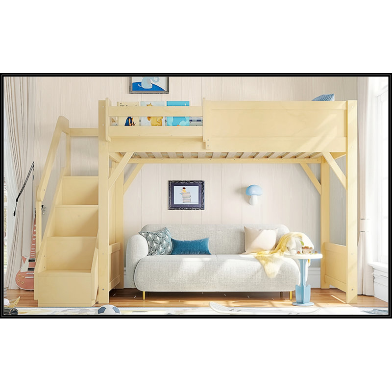Lit mezzanine simple en bois massif avec garde-robe intégrée, rangement et tablettes à côté, garde-corps pleine longueur et escalier, aucun sommier nécessaire, naturel
