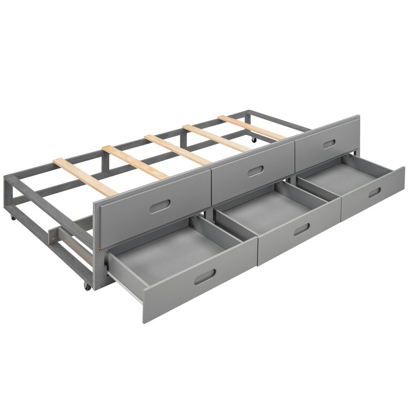 Lit plateforme gris avec rangement pour tête de lit, 3 tiroirs, lit gigogne simple et tête de lit et tiroirs pour un sommeil confortable