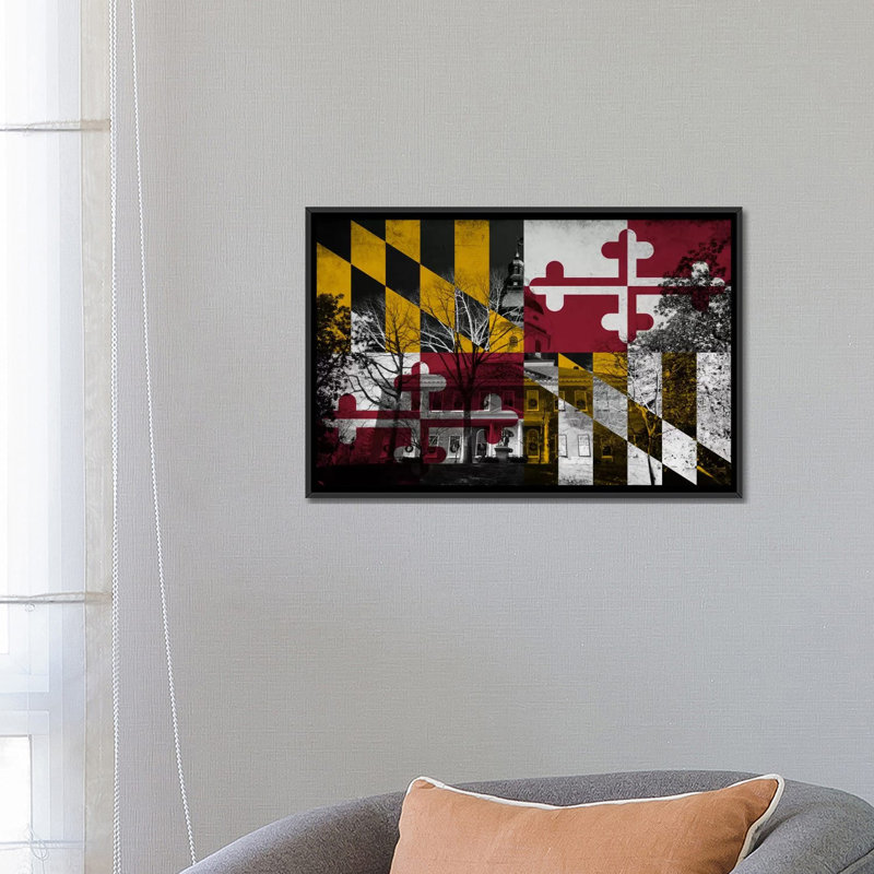 Drapeau du Maryland, Capitole du bâtiment, impression sur toile, H 18 po x l 26 po x P 1,5 po, Toile avec cadre noir