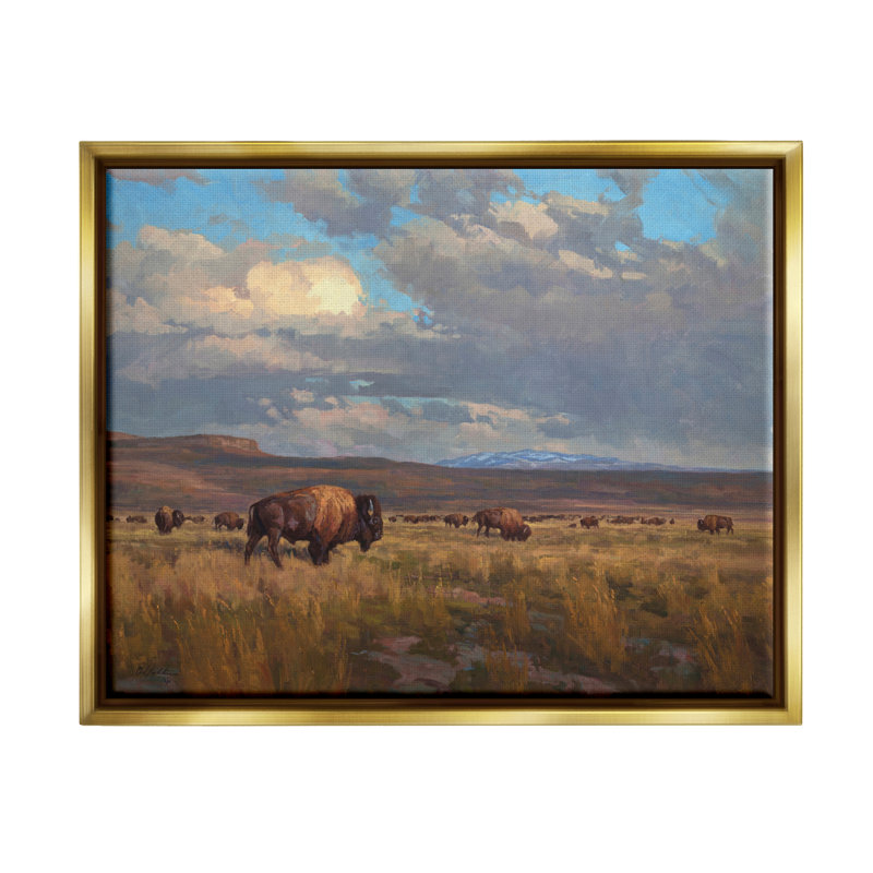 «Buffalo Cloudy Landscape» par Chad Poppleton - reproduction sur toile flottante, Cadre flottant métallique doré