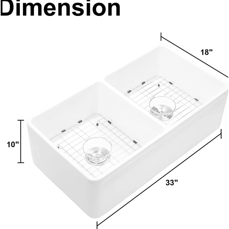 Ceramic White Double Basin Kitchen Sink 33*18*10" - Heat , Stain Scratch Rustproof, Practical Design Basin, Sound Dampening, & Apparent