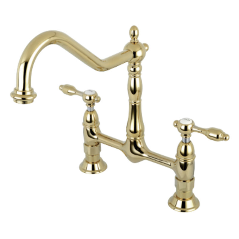 Kingston Brass Tudor Two-Handle 2-Hole Deck Mount Bridge Kitchen Faucet, Polished Brass