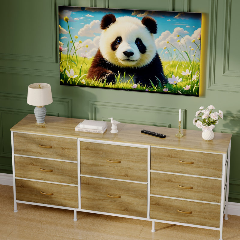 Commode en tissu avec 8 tiroirs, structure en métal et plateau en bois pour le rangement
