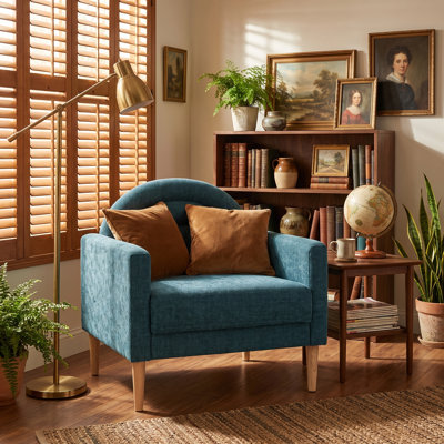 Chaise d'appoint rembourrée en lin avec dossier d'inspiration arc-en-ciel et pieds en bois, turquoise
