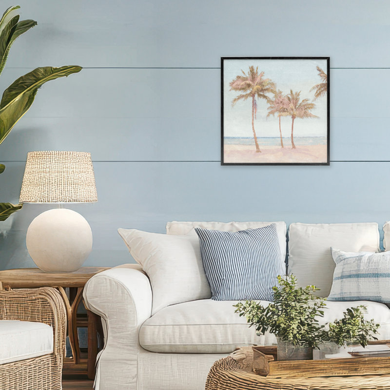 «Faded Palms on Beach», estampe numérique, design par Amber Sterling, H 17 po x l 17 po, Giclée encadrée noir minuit