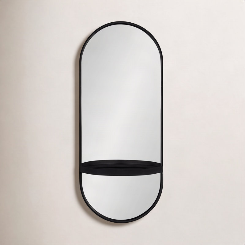 Lumi Metal Flat Mirror with Shelves, Black, 16" x 38"
