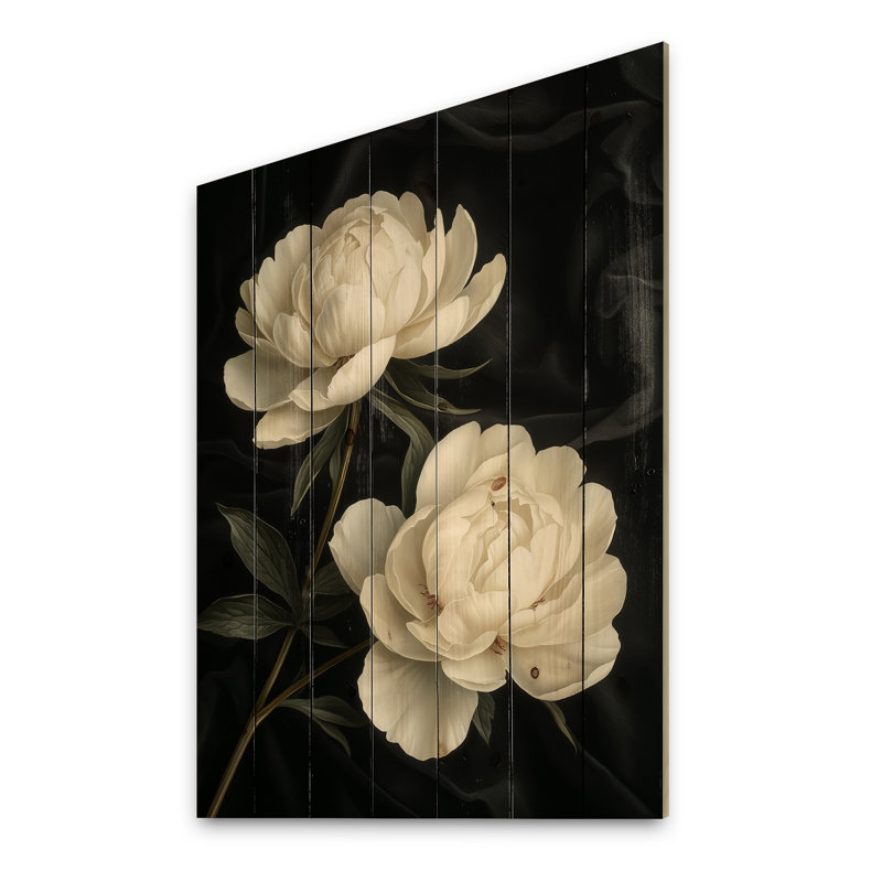 Pivoines en posture rétro en soie noire - Art mural en bois pivoines - sur bois de pin naturel, H 20 po x l 10 po