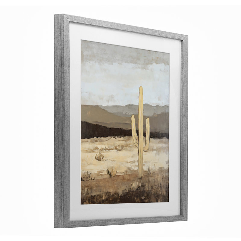 Scène occidentale neutre avec impression de cactus encadrée sous verre, design par Franklyn Gregory, Cadre de ferme gris