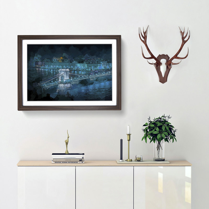 Chain Bridge in Budapest in Abstract - Picture Frame Painting Print, 62cm H x 87cm W x 2cm D, Walnut Framed