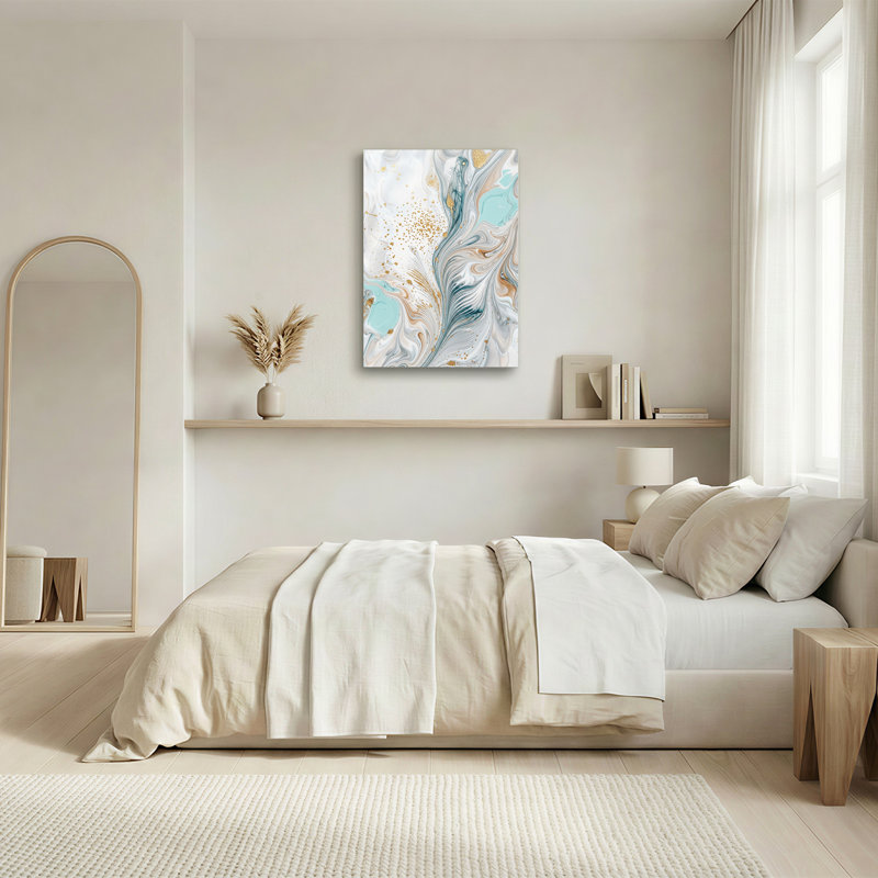 Bleu sarcelle et or, art abstrait marbré sur toile, tourbillons, 24"H x 18"W
