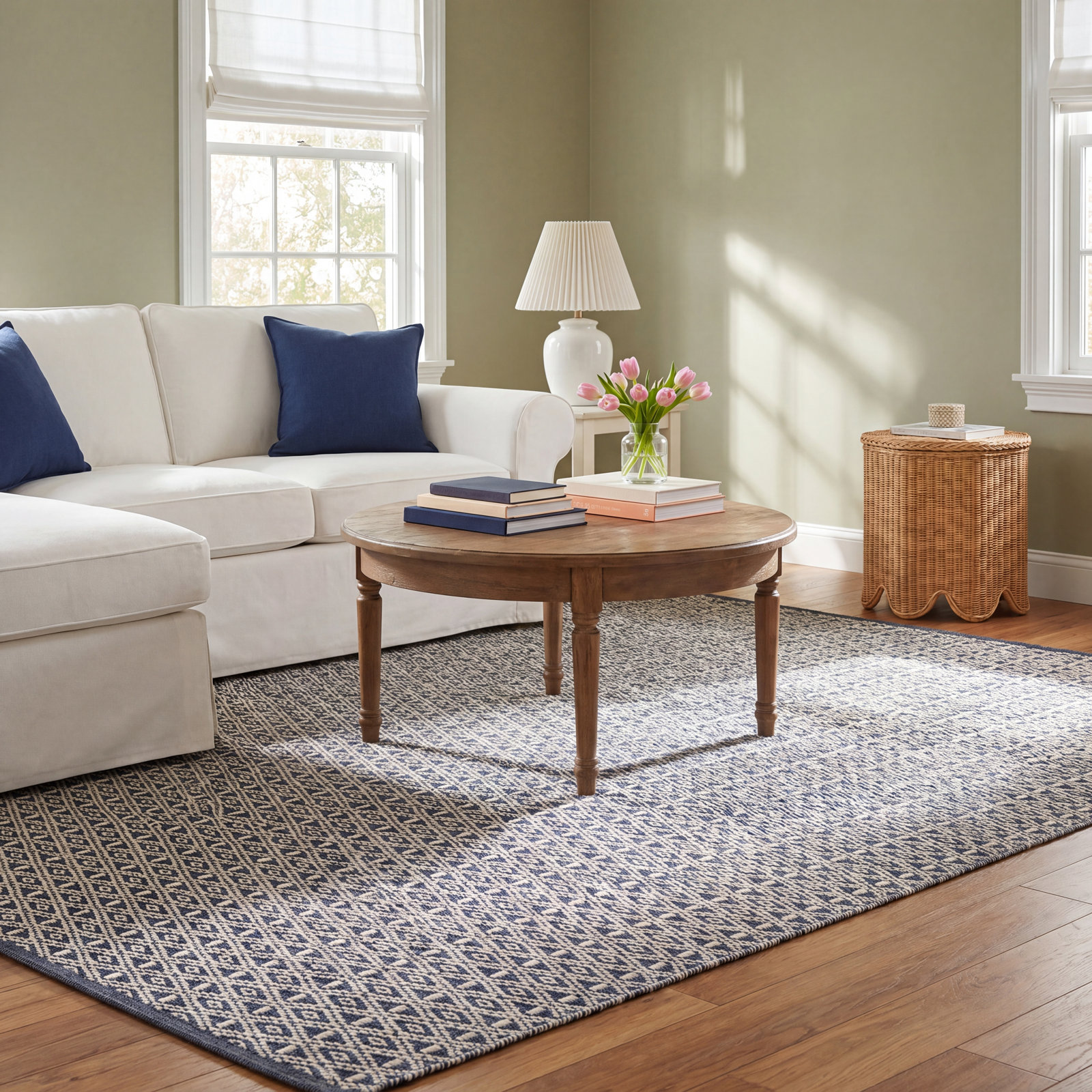 Blue Hand-Woven Geometric Cotton Rug, Rectangle 5' x 8'
