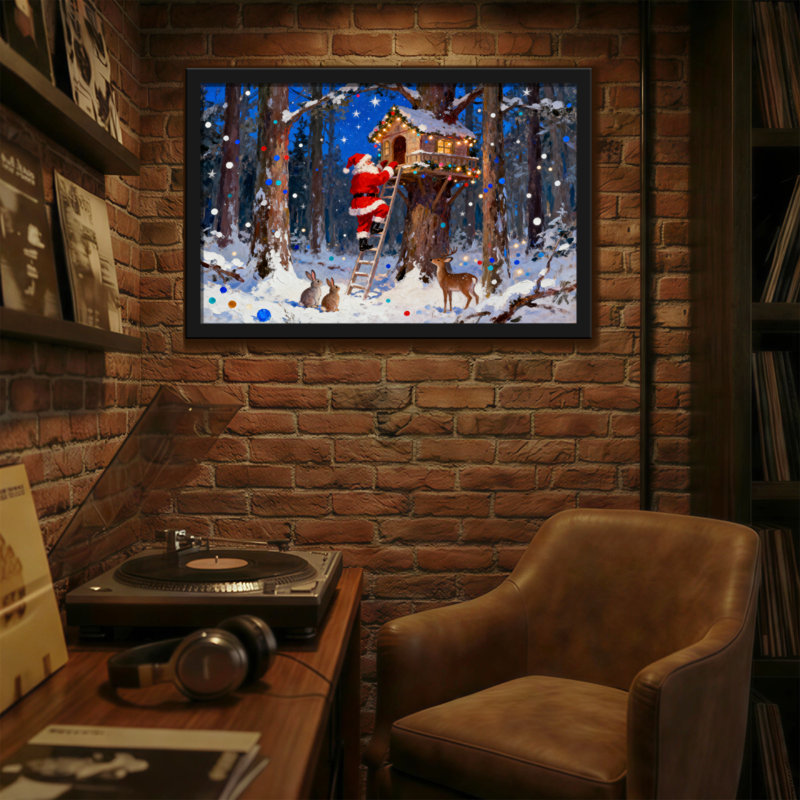 Noël père Noël dans la forêt avec des animaux, H 16 po x l 24 po