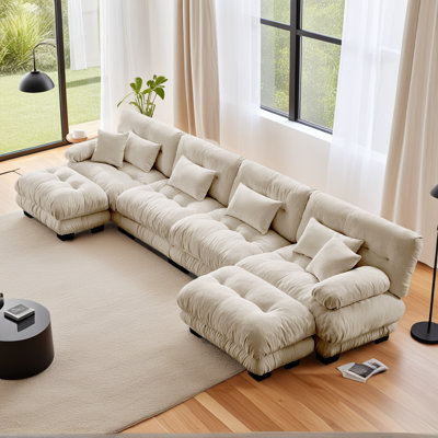 Light Coffee Chenille Cloud-Like 4-Seater Sectional Sofa With 2 Ottomans, 4 Lumbar Pillows & 2 Throw Pillows For Small Spaces