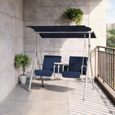 Balançoire de porche de 175 cm (69 po) avec finition bleue et rangement, auvent réglable, 112 x 175 x 158 cm (44,1 x 68,9 x 62,2 po)