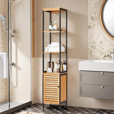 Freestanding Slim Storage Unit With Open Shelves & Louvred Door