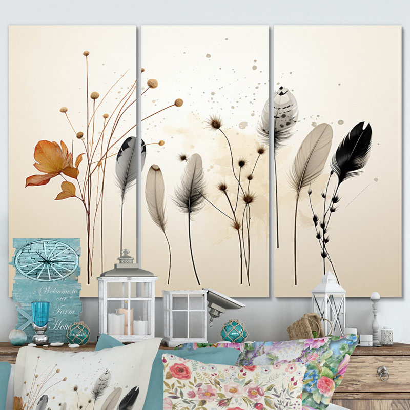 Asian Art Feathers Sumi I - ensemble d'art mural asiatique sur toile, H 28 po x l 36 po x P 1 po