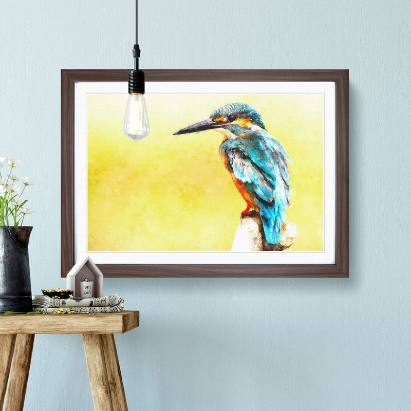Blue Kingfisher Painting - Single Picture Frame Print on MDF, 24cm H x 33cm W x 2cm D, Walnut