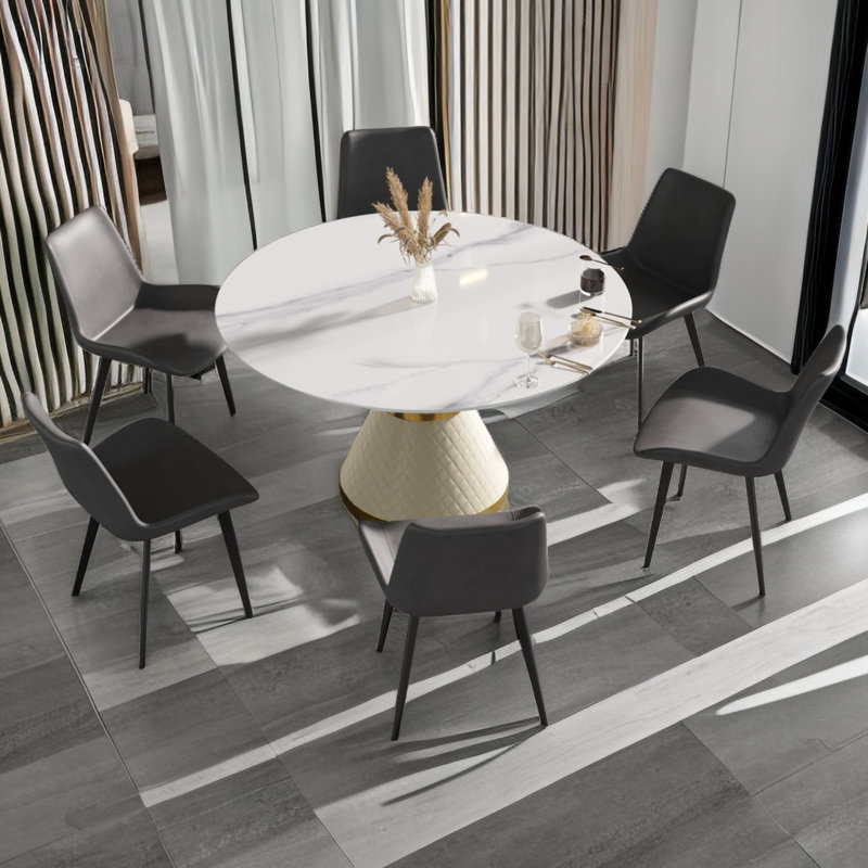 7-Piece Modern Round Sintered Stone Dining Table Set With 6 PU Leather Chair, Gray, White, 29.5"H x 53.15"L x 53.15"W