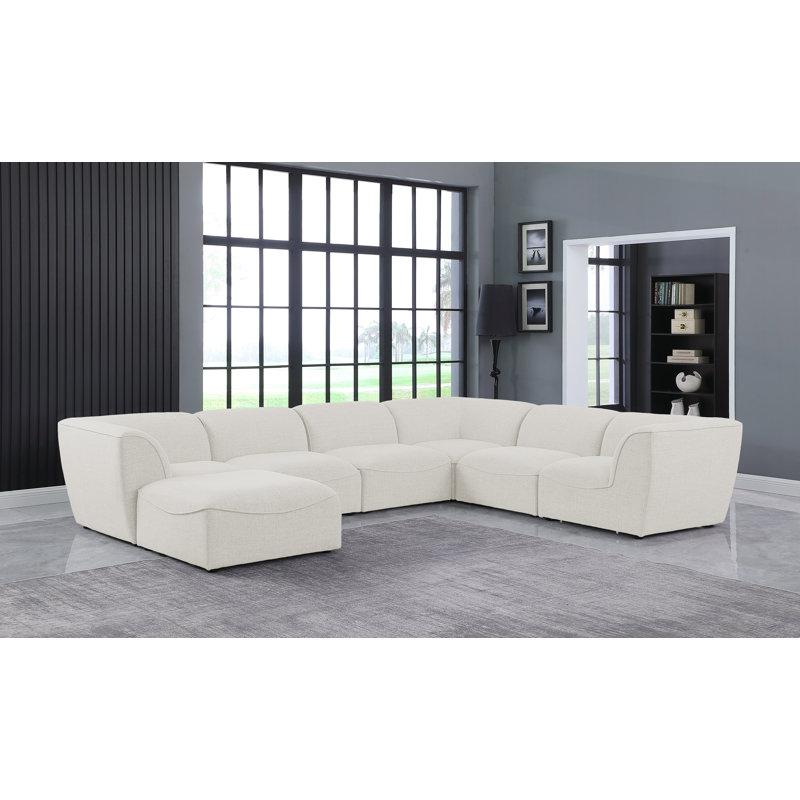 Calondra Upholstered U-Shaped Sectional with Ottoman Reversible, Cream Linen Textured Fabric