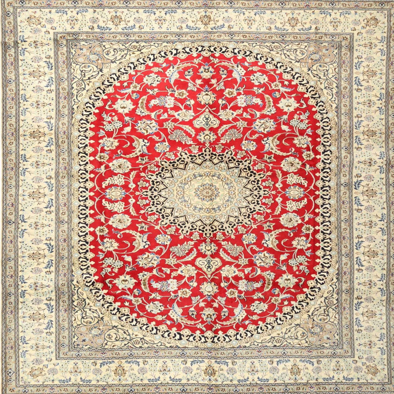 Tapis traditionnel crème / gris / rouge, Carré 7 pi