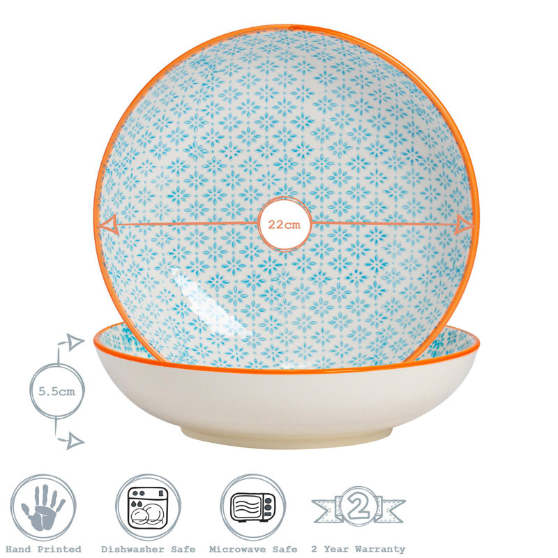 Nicola Spring Hand-Printed Pasta Bowls - 22cm - Blue - Pack of 6