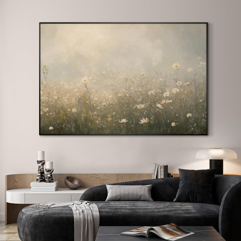 Extra Large Wall Art Fabric Print - Soft Light Wildflower Field in Morning Haze Artwork Decor for Living Room or Bedroom - "Frame Assembly Required (Unfinished Frame)"