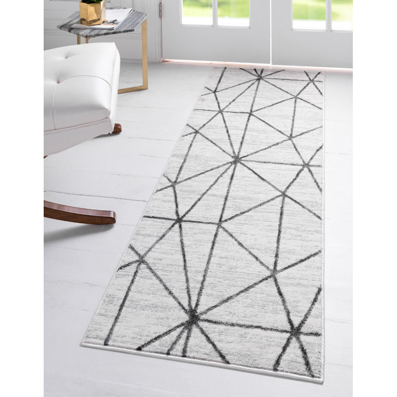 Tapis géométrique ivoire / gris Nuangola, Tapis de couloir : 3 pi x 10 pi