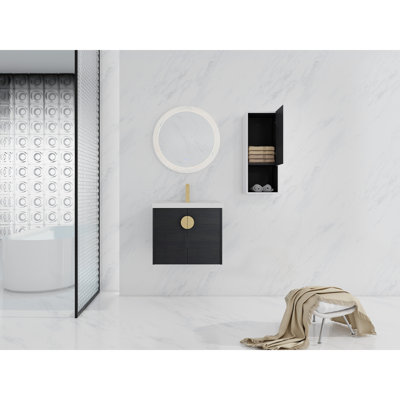 Meuble-lavabo de salle de bain avec lavabo en céramique et unité latérale - Armoire de rangement de style châtaignier noir 24 po