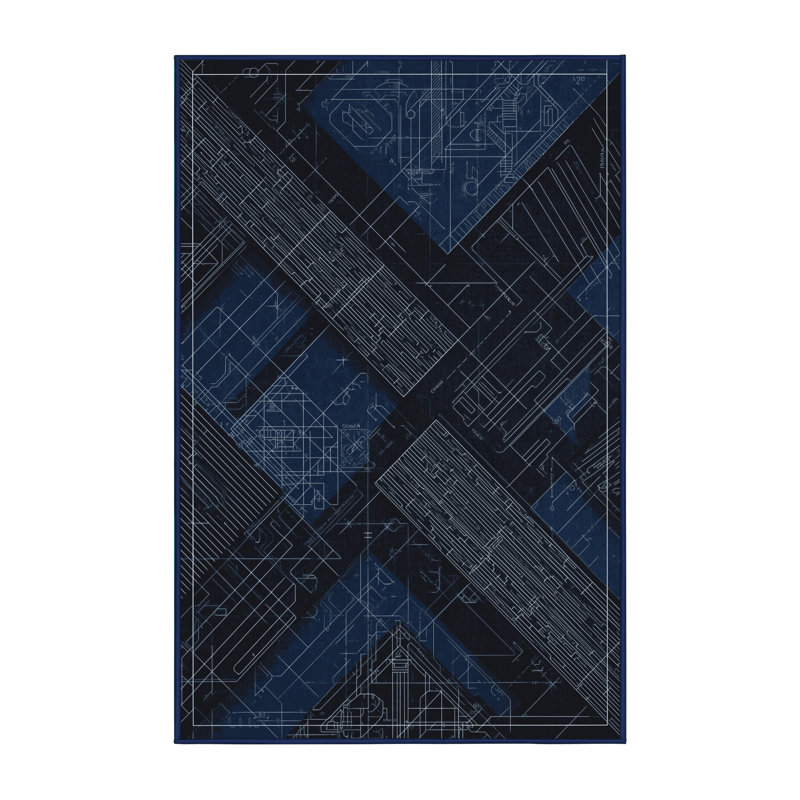 Soft Plush Menahan Blueprint Design Modern & Contemporary Geometric Area Rug in Gray – Navy Binding, 7x10