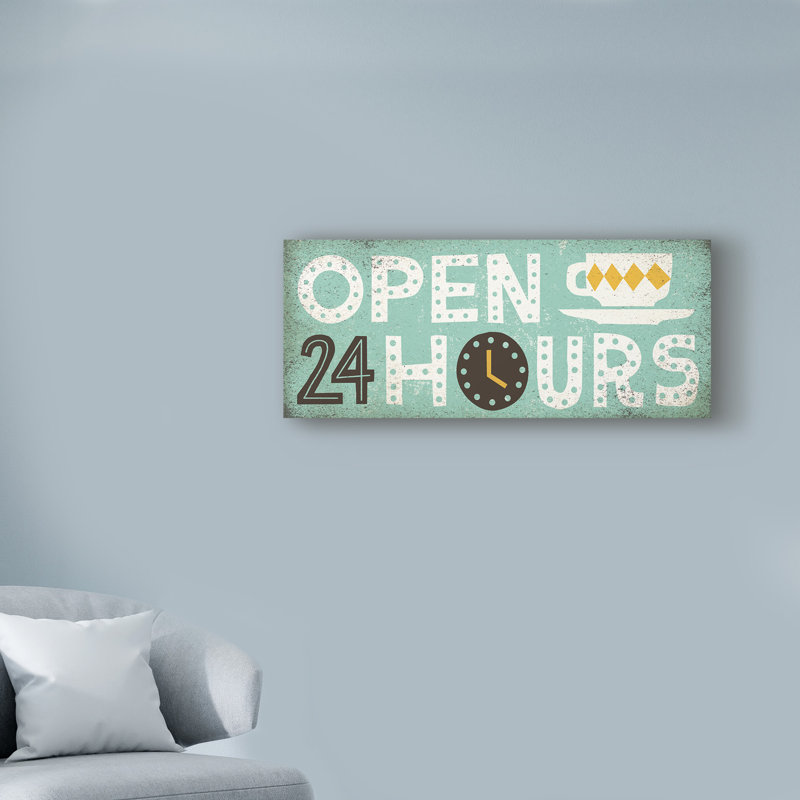«Retro Diner Open 24 Hours Panel» par Michael Mullan, reproduction d'art textuel sur toile, H 8 po x l 19 po x P 2 po