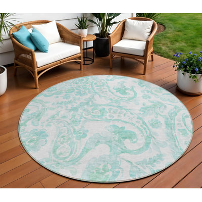 Tapis rond lavable à motif cachemire 8 pi turquoise et ivoire