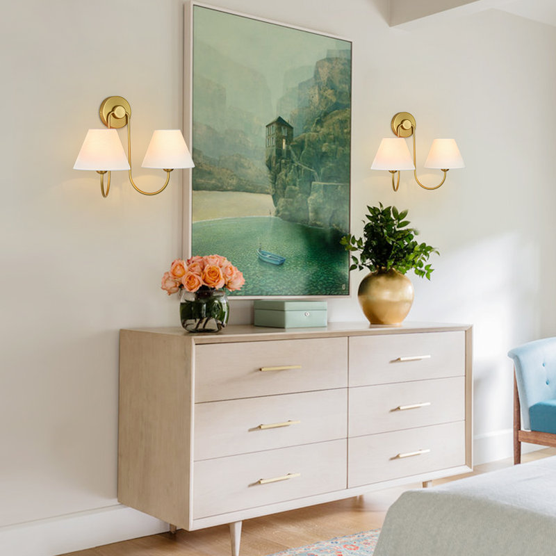 2 - Light Swoop Linen Fabric Shade Tapered Wall Light, Brass