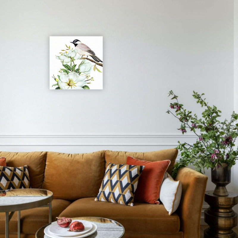 White Mangolia Bird Floral Artwork,24 X 24 Inches Canvas Wall Art Decor