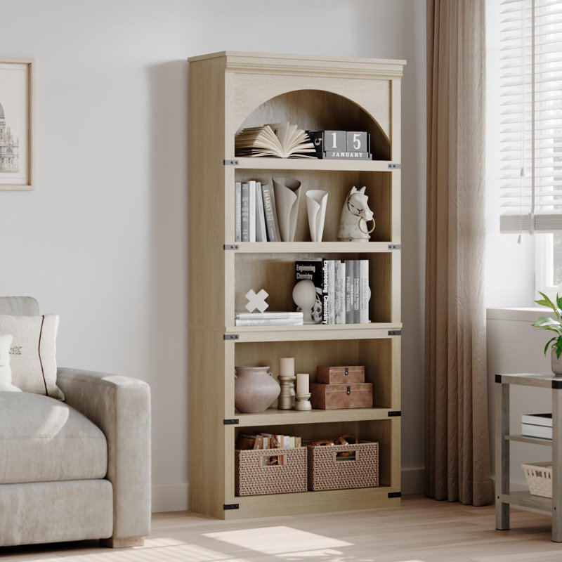 68.7" Arched Wooden Bookshelf, 5-Tier Farmhouse Bookcase with Curved Frame for Living Room, Bedroom, or Office, Natural