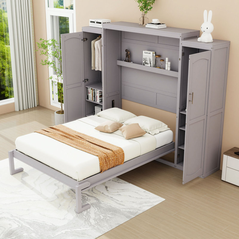 Wooden Murphy Bed with Shelves and Wardrobes, Gray, Full