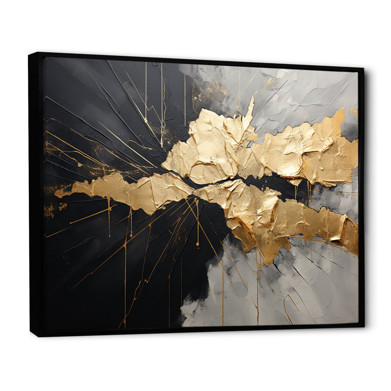 «Black and Gold Abstract Meditation I», art mural abstrait, Cadre flottant noir, H 34 po x l 44 po x P 1,5 po