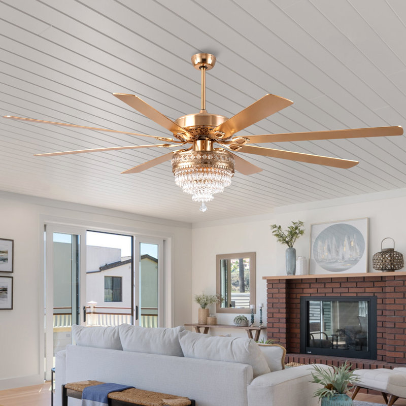 72" Crystal Ceiling Fan Fandelier With Lights - Modern Outdoor Fans With Remote Control, Gold
