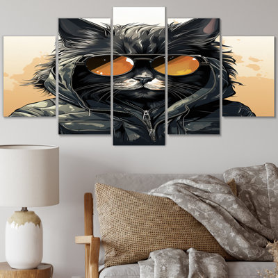 «Black Fashion Cat In Glasses», reproduction sur toile - 5 panneaux