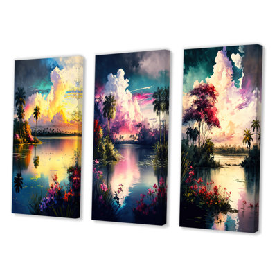 «Beautiful Sunset Over A Tropical Lake», 3 pièces sur toile