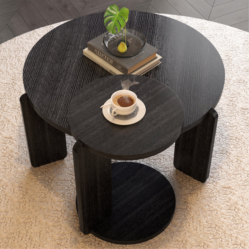 Ensemble de 2 tables basses gigognes rondes en bois de 32,68 pouces et 83 cm de diamètre avec 2 tables de bout, plateau en placage de chêne noir résistant à l'eau et ensemble de tables d'appoint en polyuréthane résistant à l'usure pour le salon, la salle d'étude